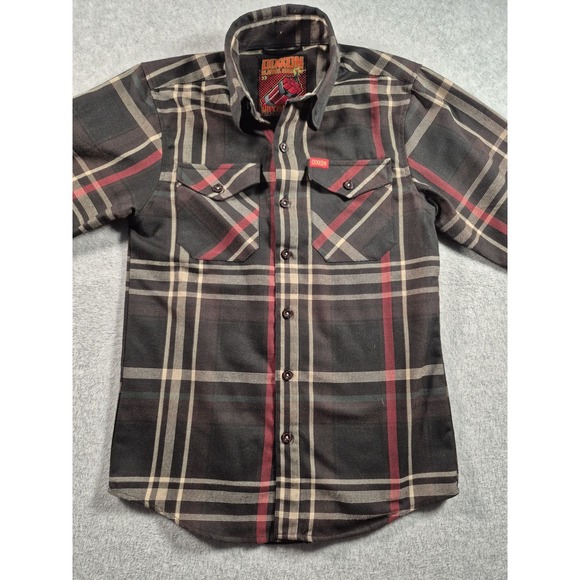 DIXXON Flannel Haymarket Bomb Graphic Men's Shirt Brown Plaid Button Up Sz XS - Picture 3 of 6